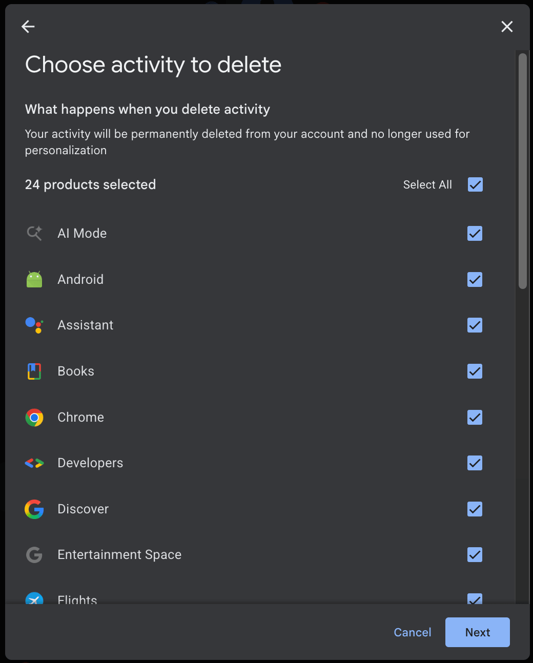 Google Web & App Activity choose