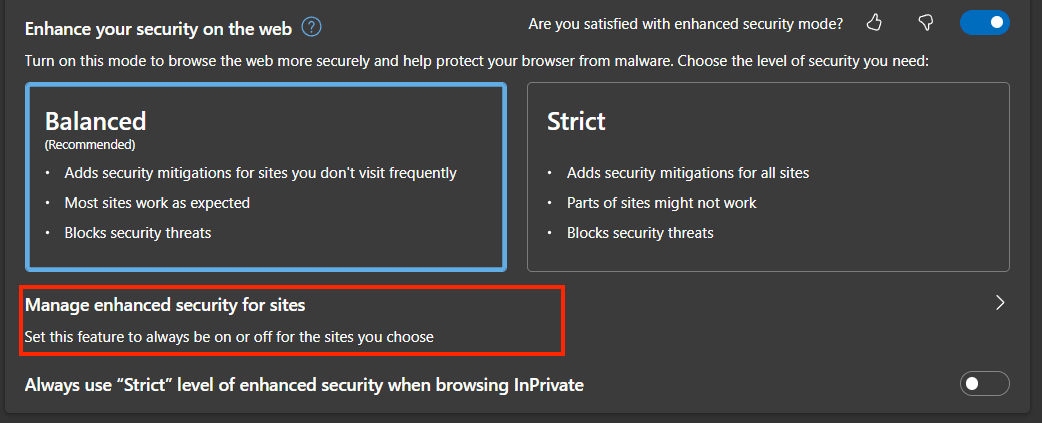 Click Manage enhanced security for sites