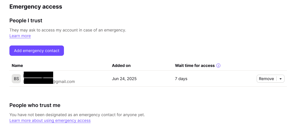 Screenshot of trusted contacts who have been added to your Proton Account Emergency Access tab
