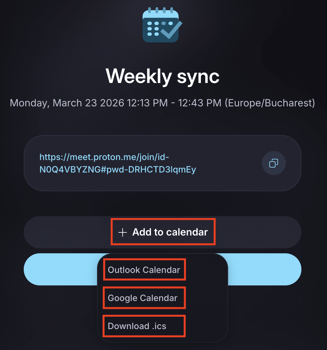 Add a scheduled Proton Meet event to external calendars