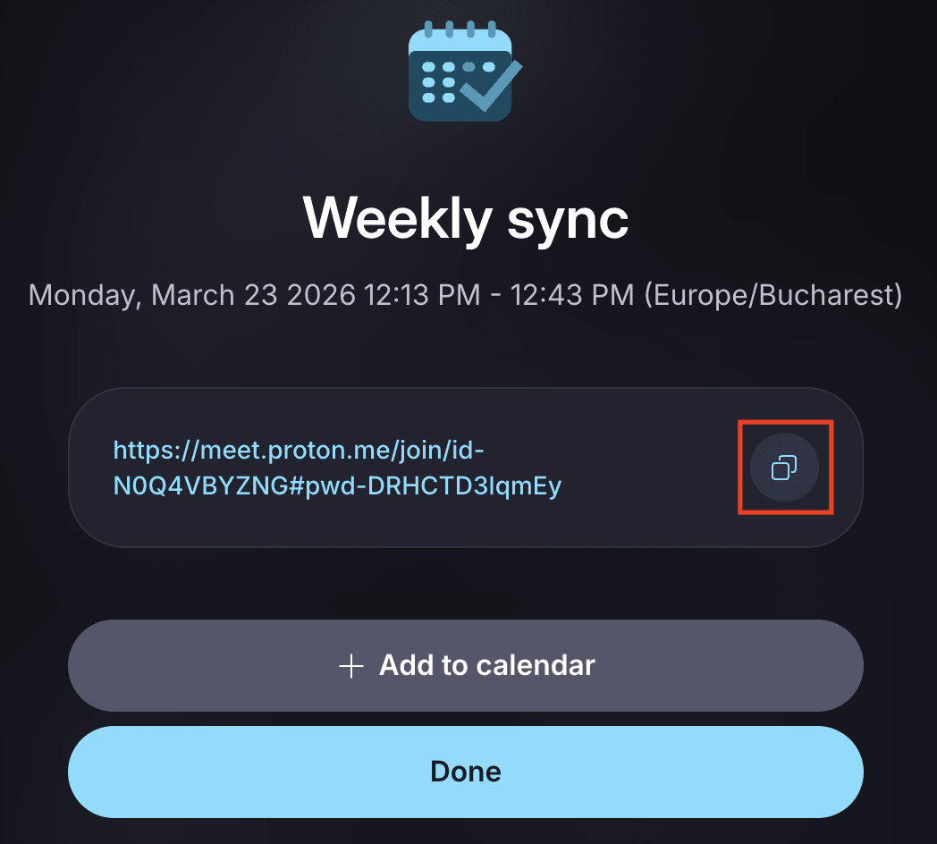 Copy the link of a scheduled meeting in Proton Meet