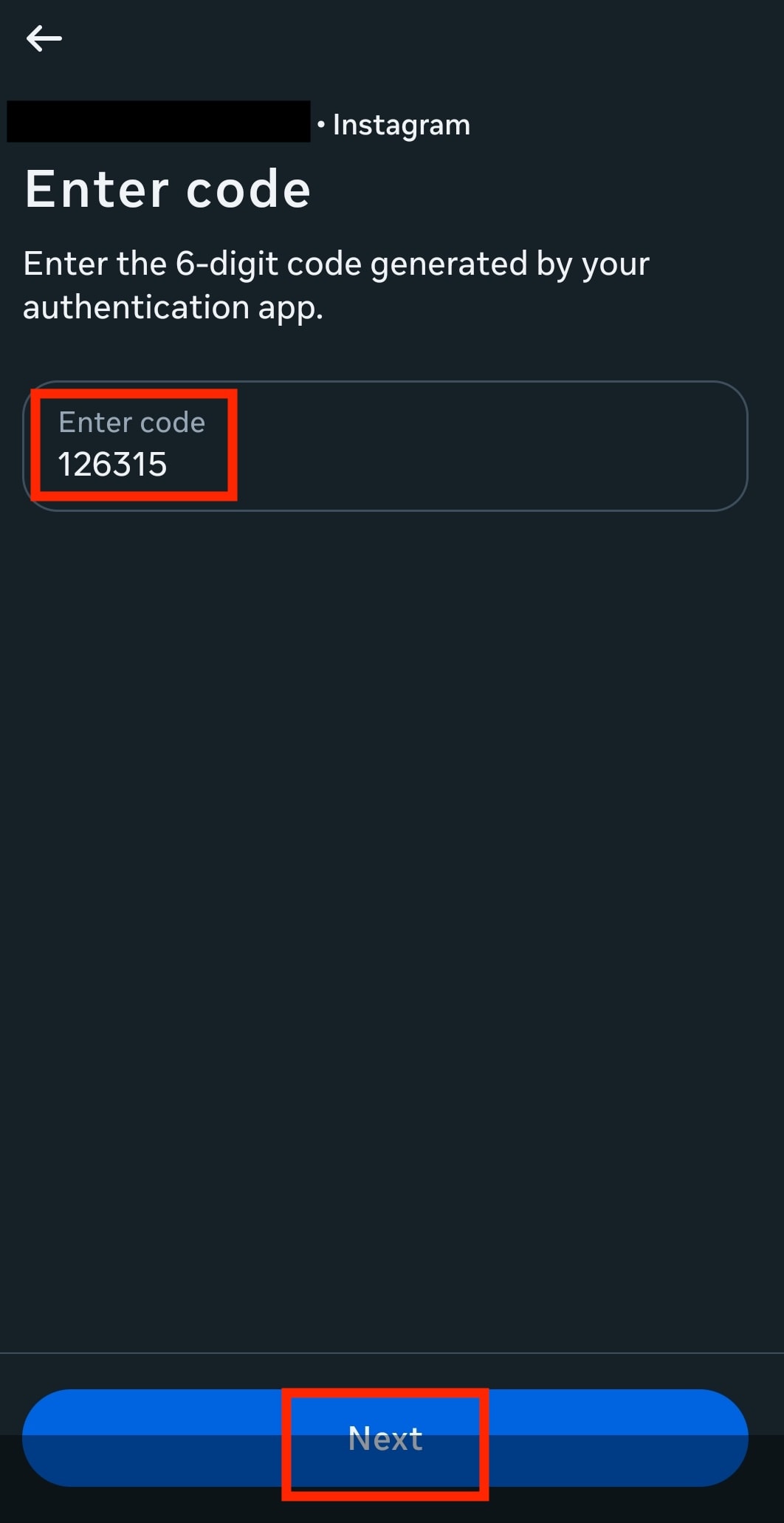 Paste the 2FA token key in Instagram to finalize 2FA setup