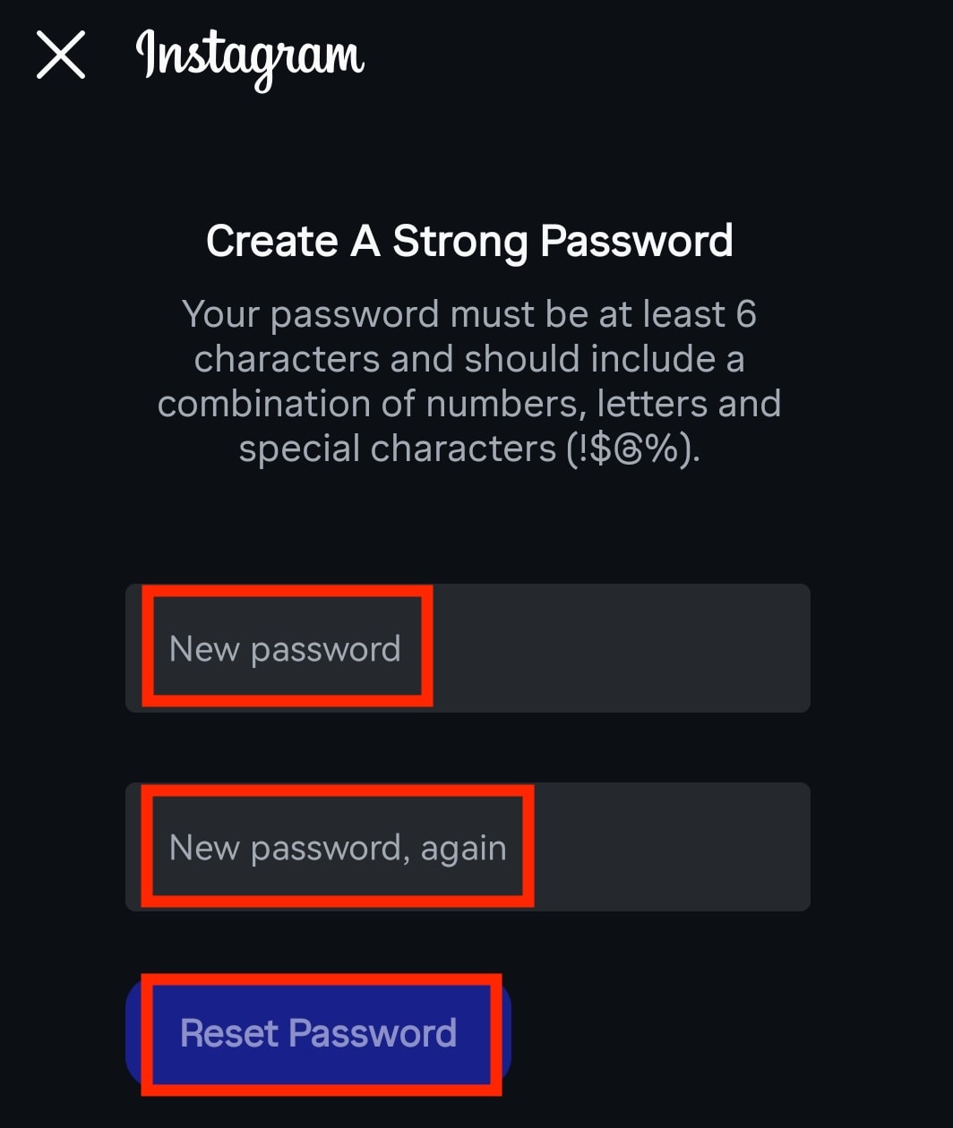 Enter and confirm your new Instagram password to finalize password reset