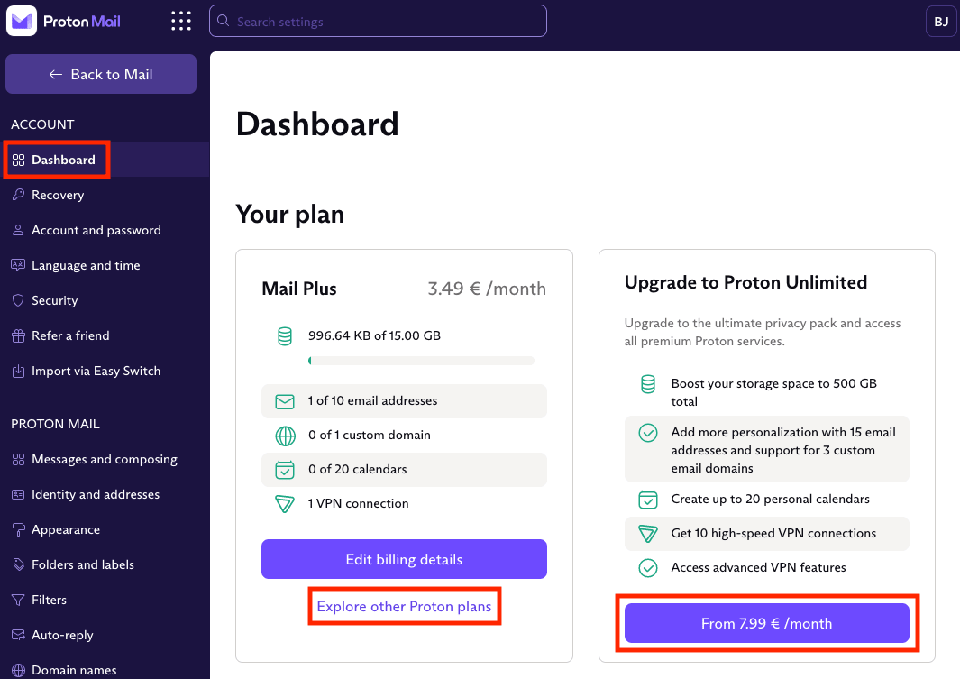 Dashboard recommended plan or Explore other plans option