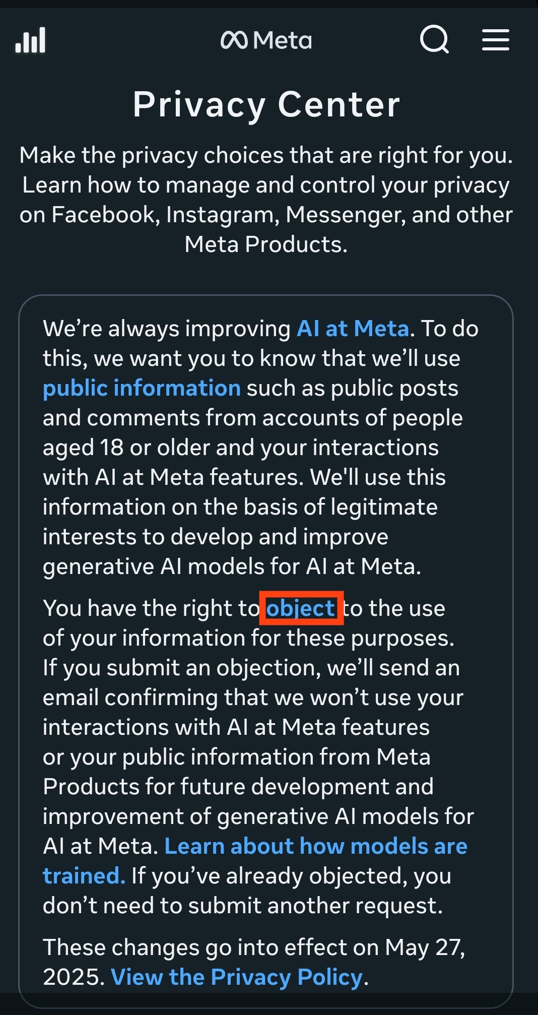 How to object to Meta AI using your data in the Meta Privacy Center