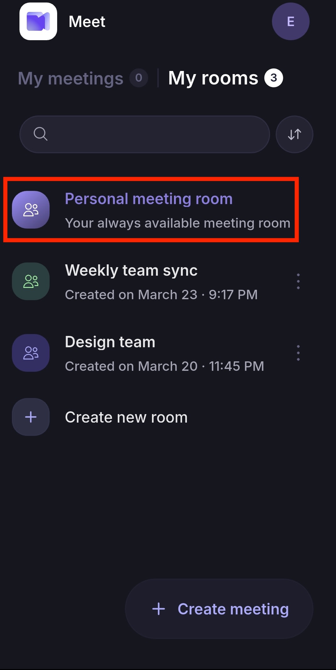 View your personal meeting room on the Proton Meet mobile app