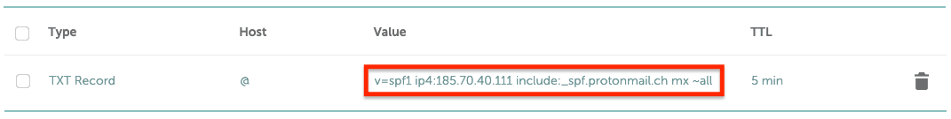 SPF record example in the Namecheap domain registrar