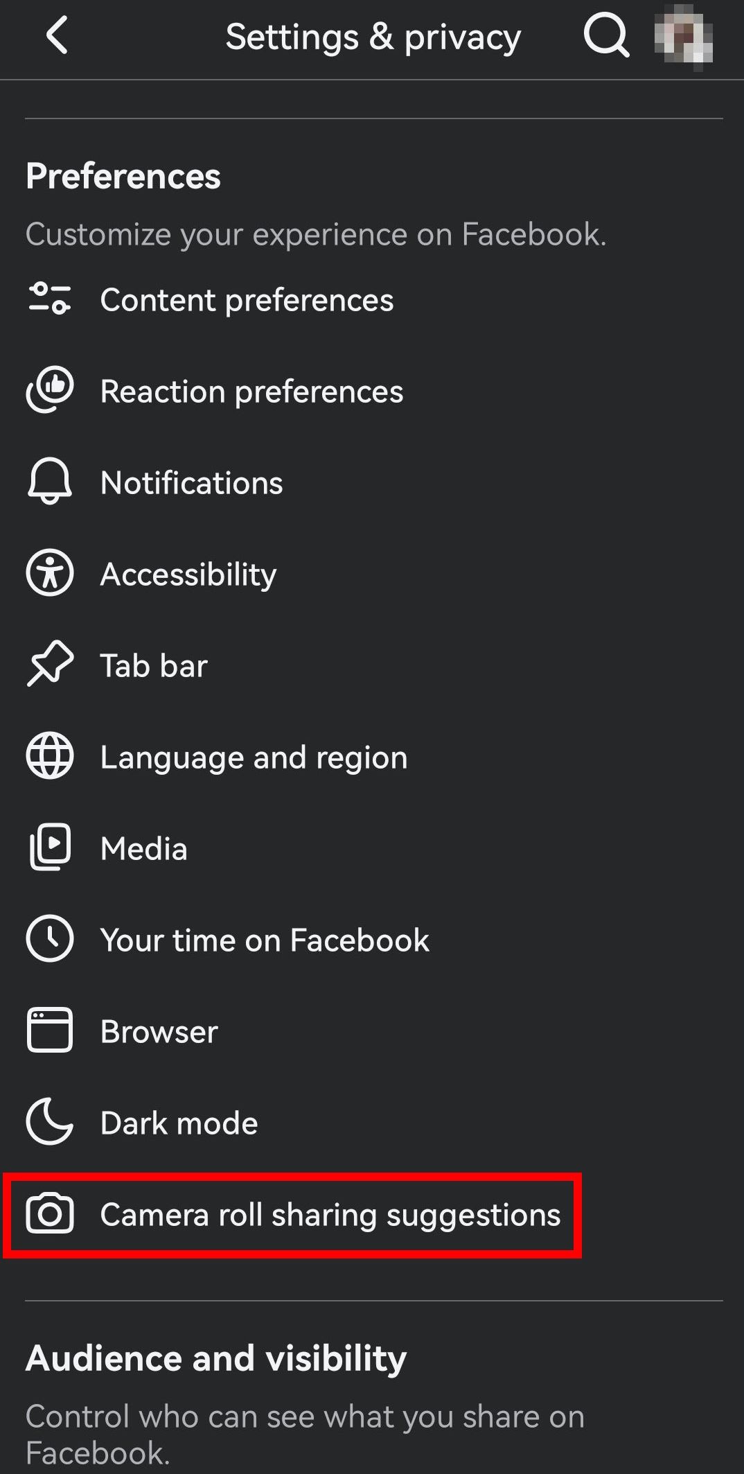 The camera roll sharing suggestions in Facebook app settings