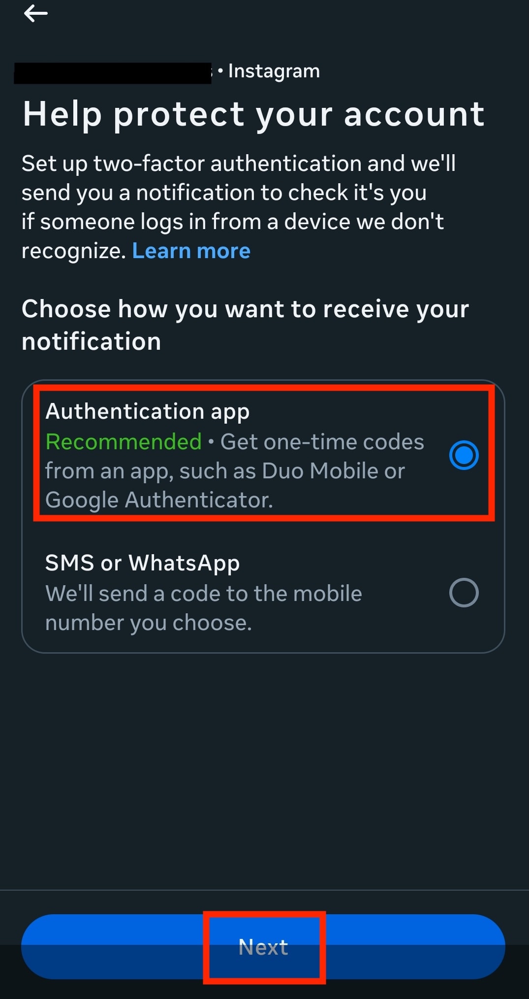 How to use an authentication app when enabling 2FA in Instagram