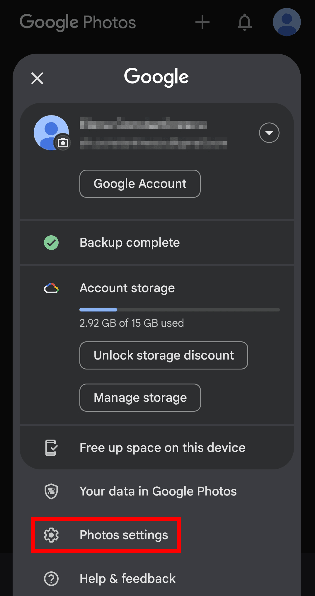 Google Photos highlights "Photos settings"