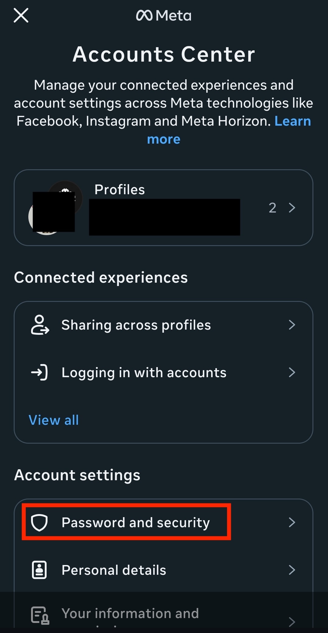 How to access the Password and Security section in the Instagram Accounts Center