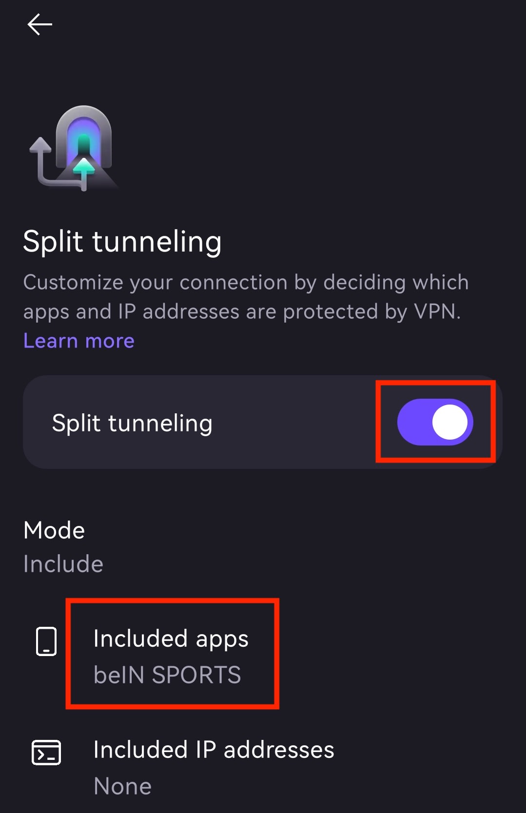 The Proton VPN Android app shows how to use split tunneling