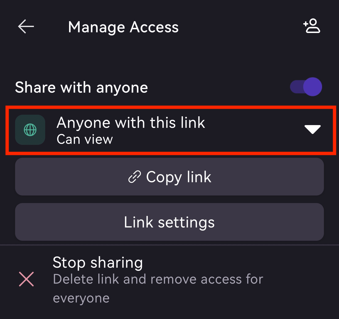 Proton Drive Android app shows access settings for public links