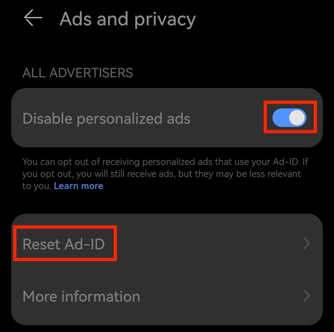 Android shows how to disable personalized ads and reset the advertising ID