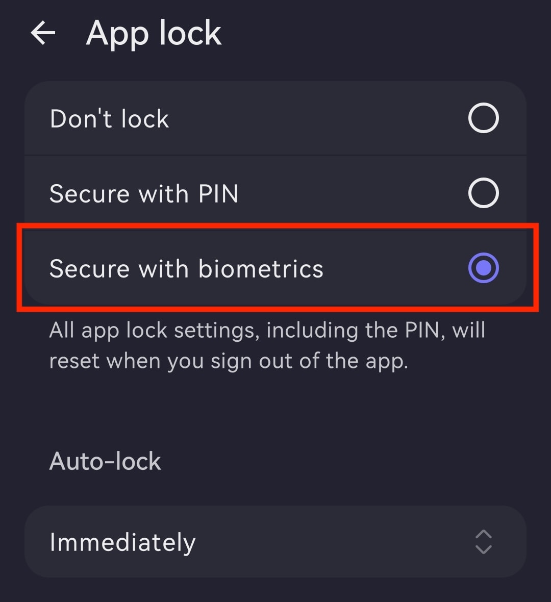 The Proton Mail Android app highlights the Secure with biometrics entry of App lock