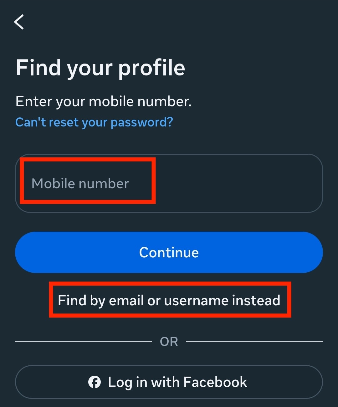 Enter your phone number, email address, or username to start Instagram account recovery