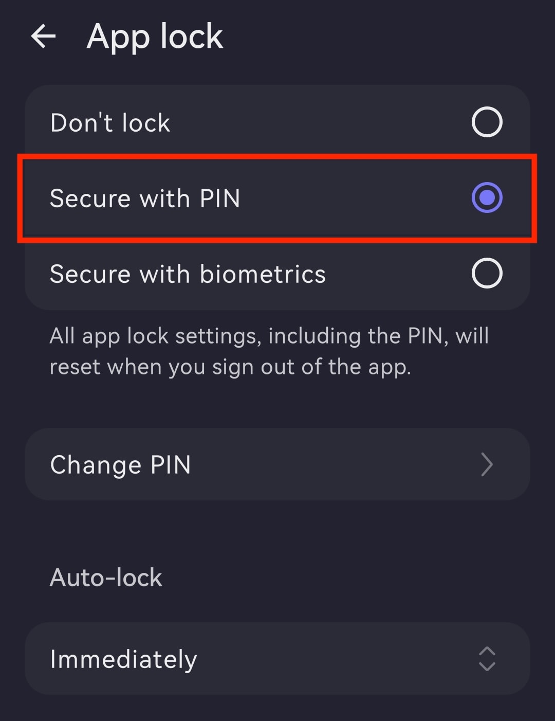 The Proton Mail Android app highlights the Secure with PIN entry of App lock