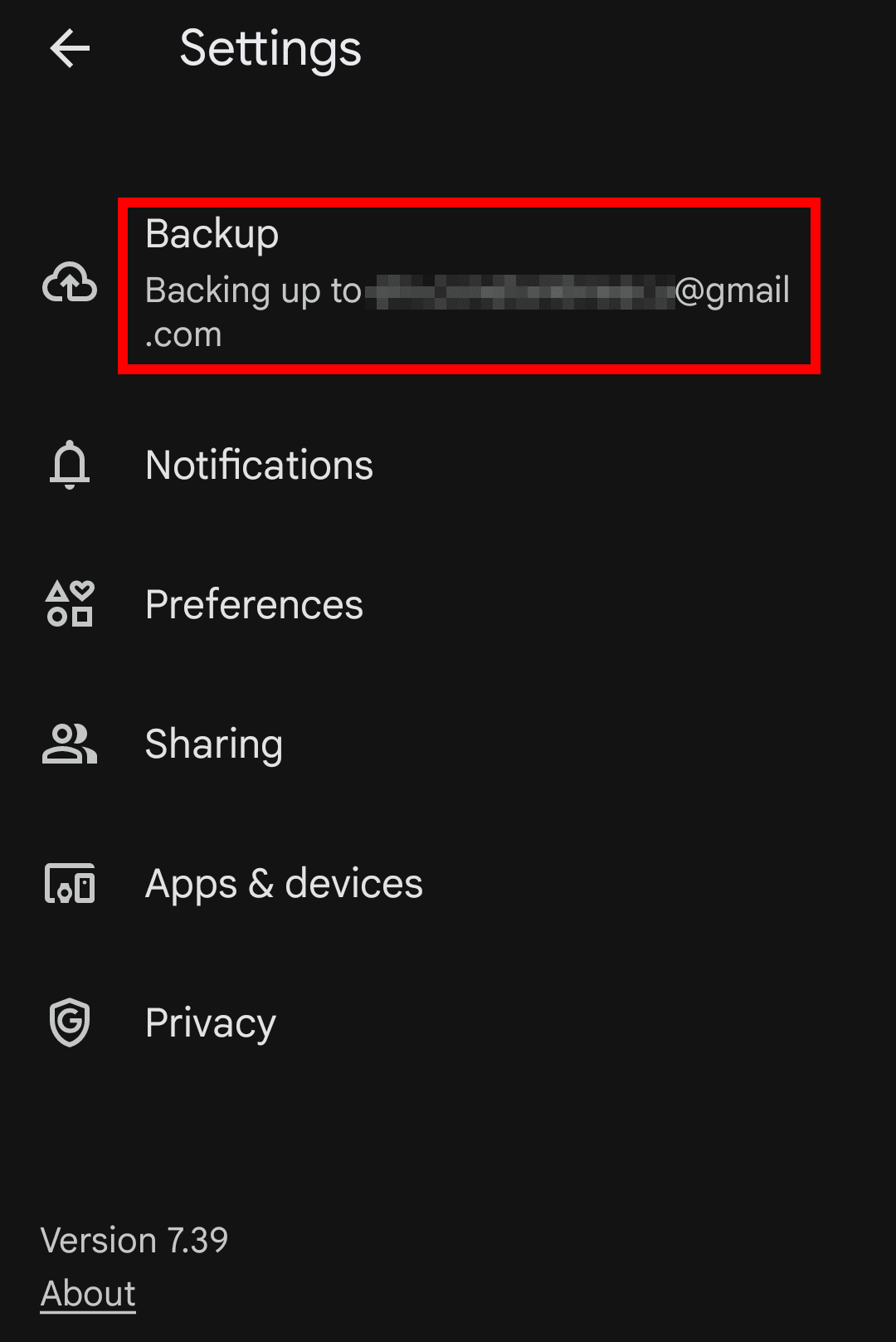 Google Photos highlights the "Backup" option