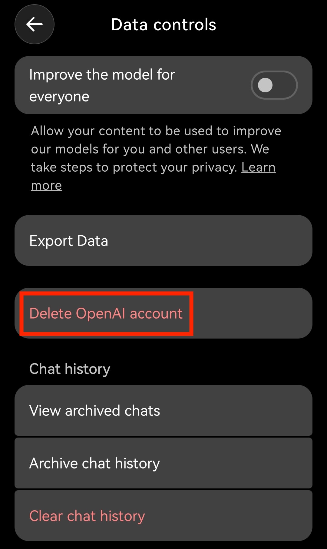 The ChatGPT mobile app highlights the "Delete OpenAI account" setting
