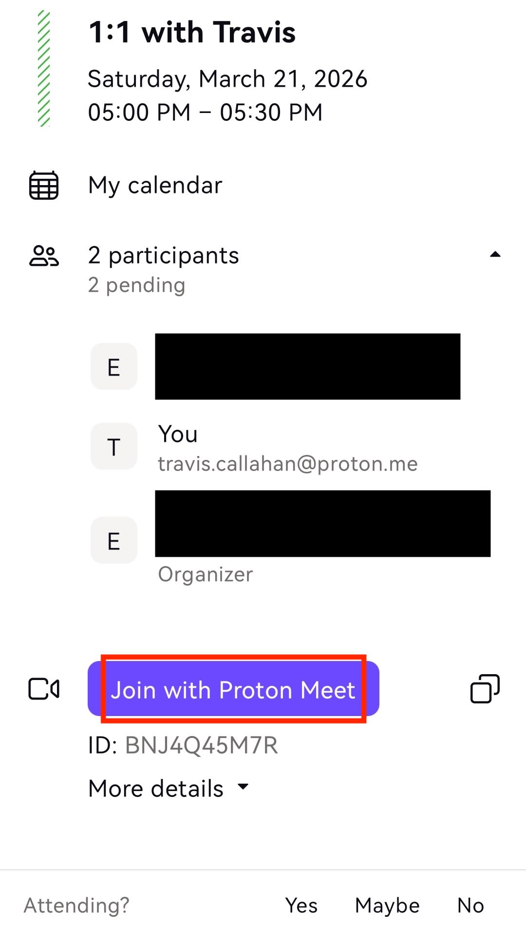 Join a Proton Meet call from Proton Calendar