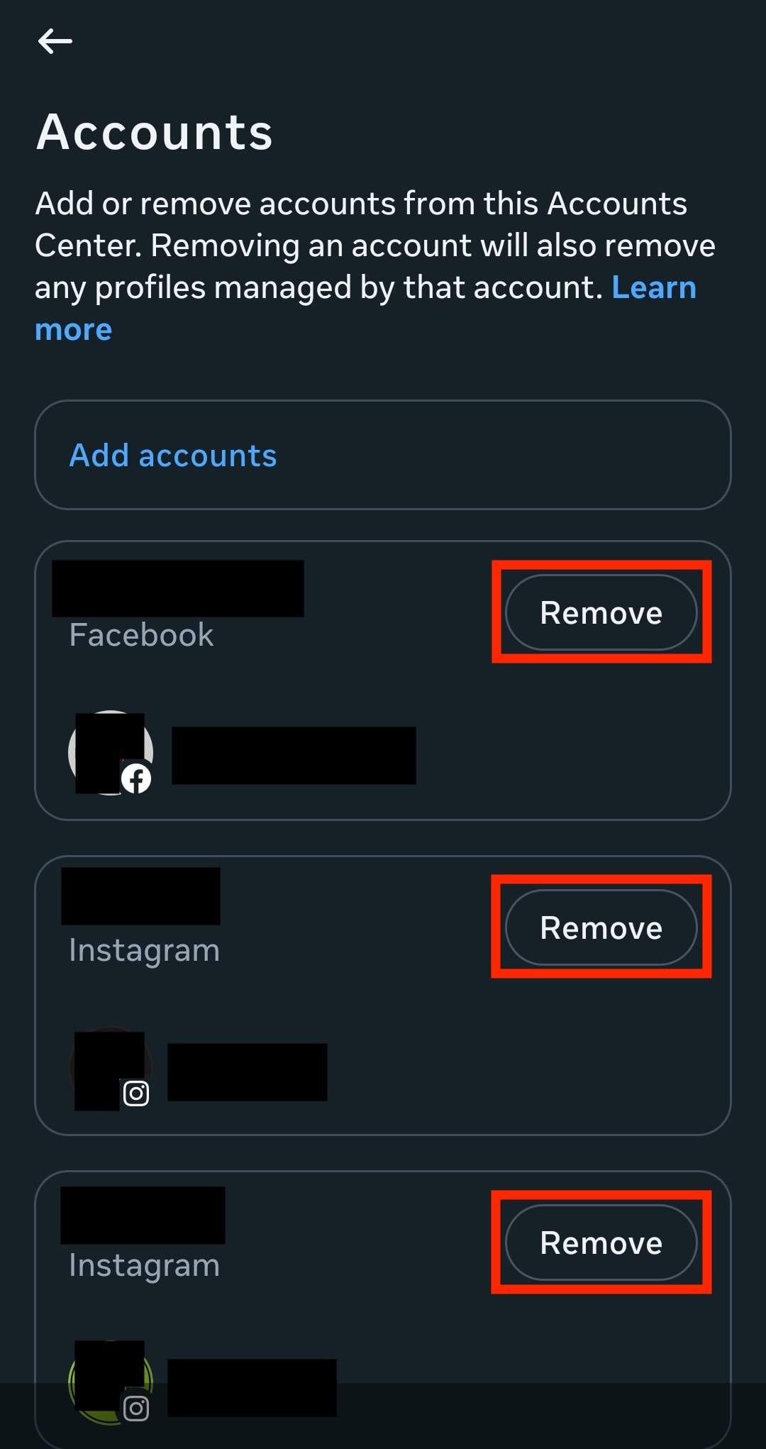 Come rimuovere account dal Centro gestione account Meta