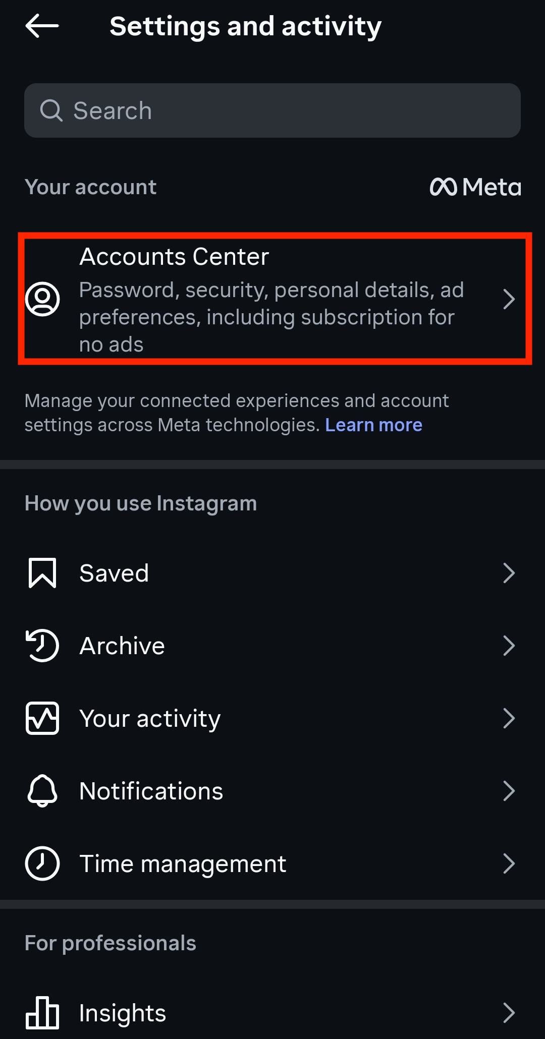 How to open the Instagram Accounts Center using the Instagram app