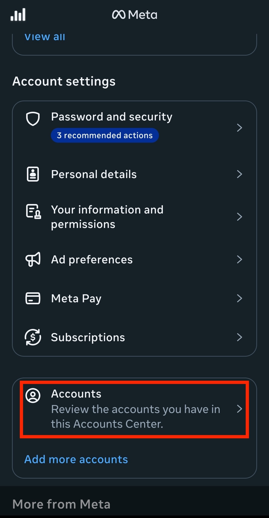 Come accedere agli account nel Centro gestione account Meta