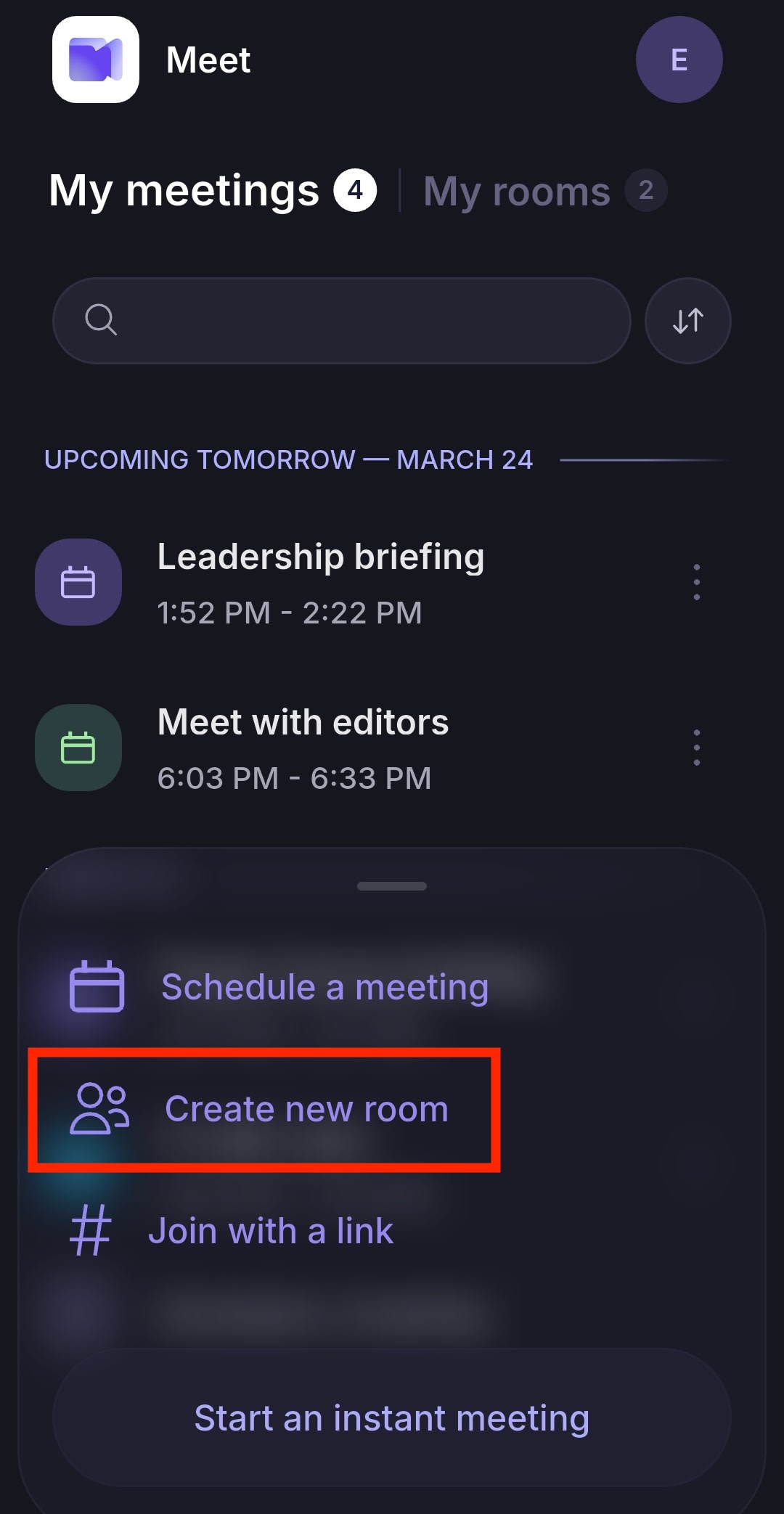 Create a new room using the Proton Meet mobile app for Android and iOS