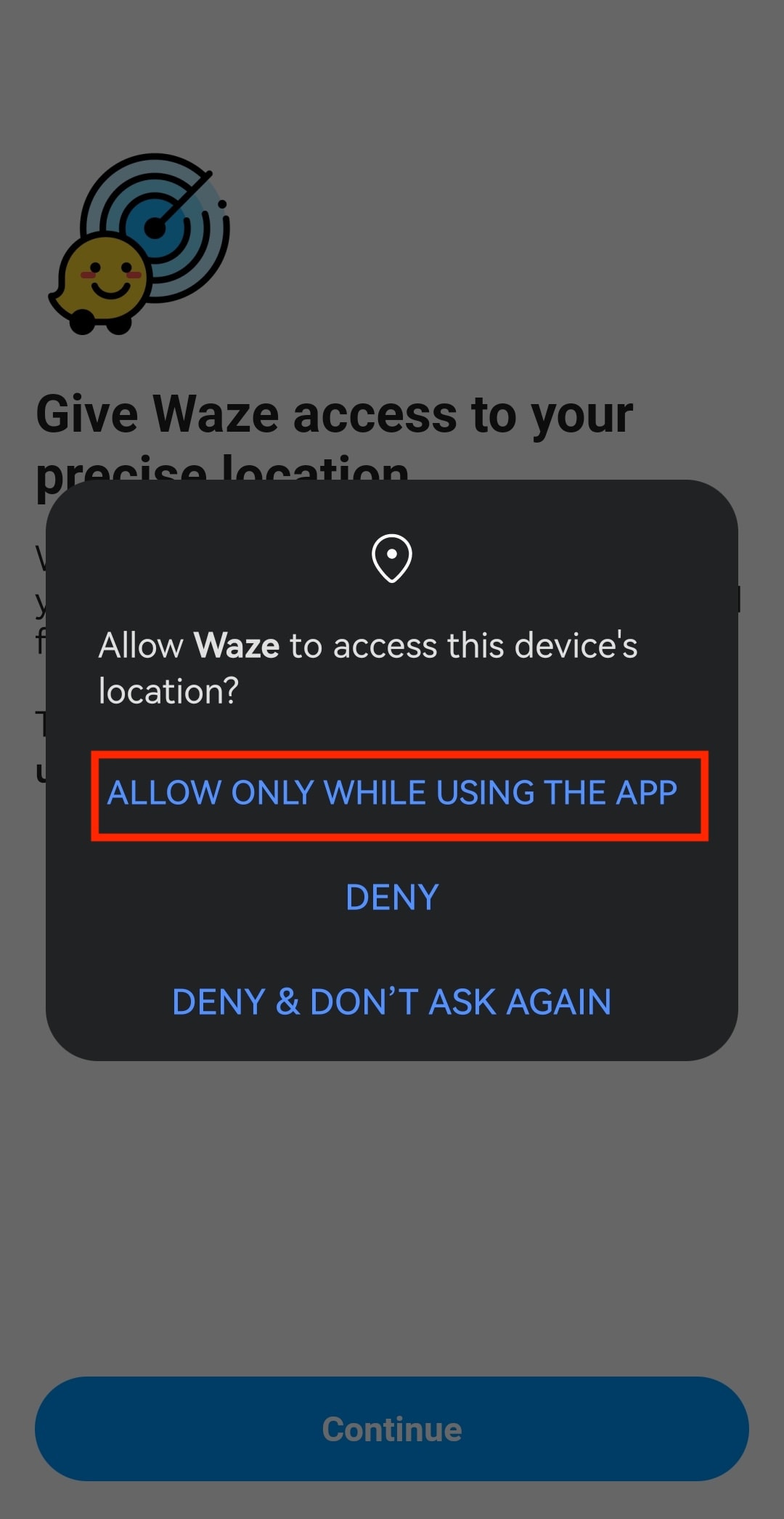 "Allow only when using the app" location permissions on Waze on Android