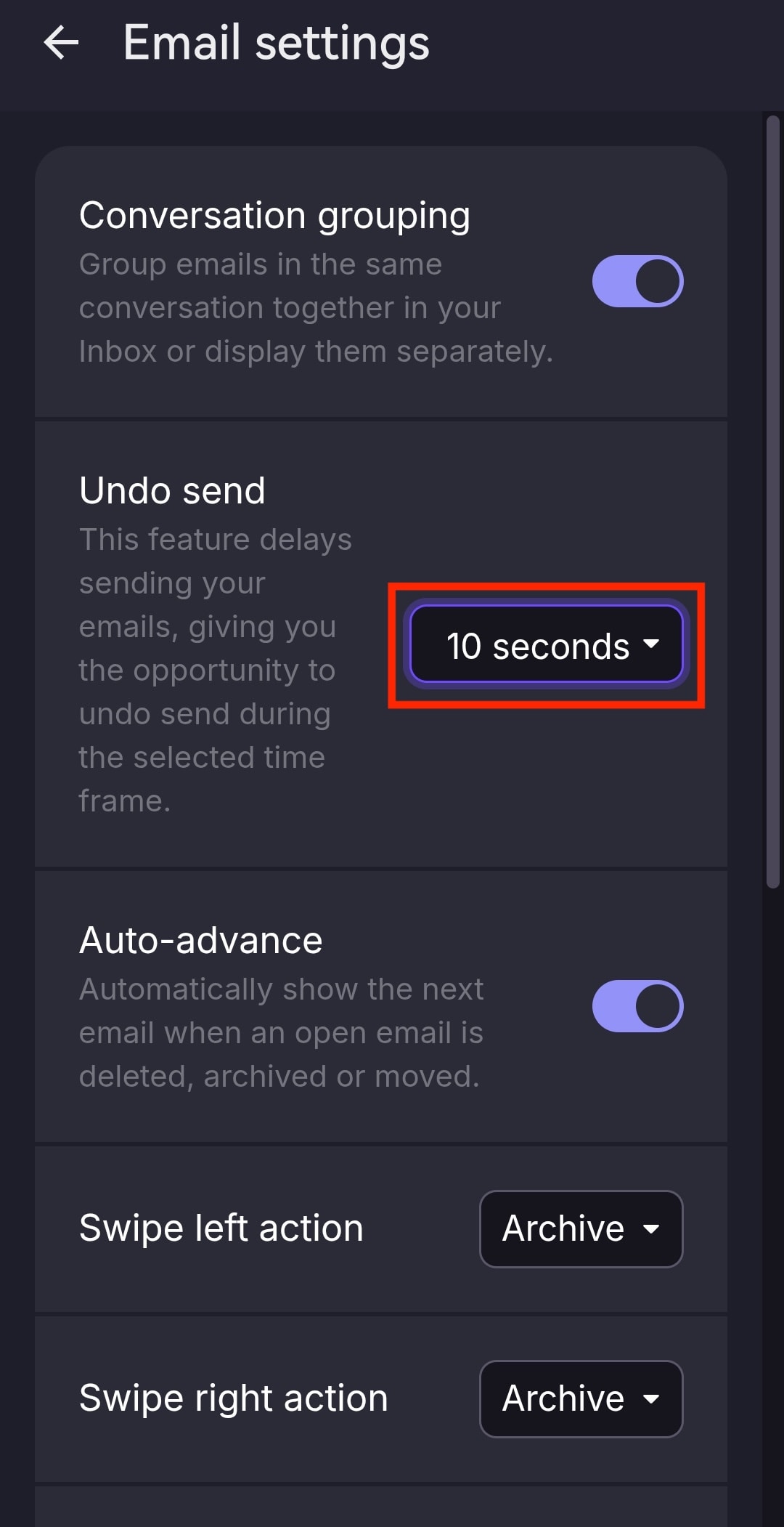 Proton Mail shows undo send settings on mobile