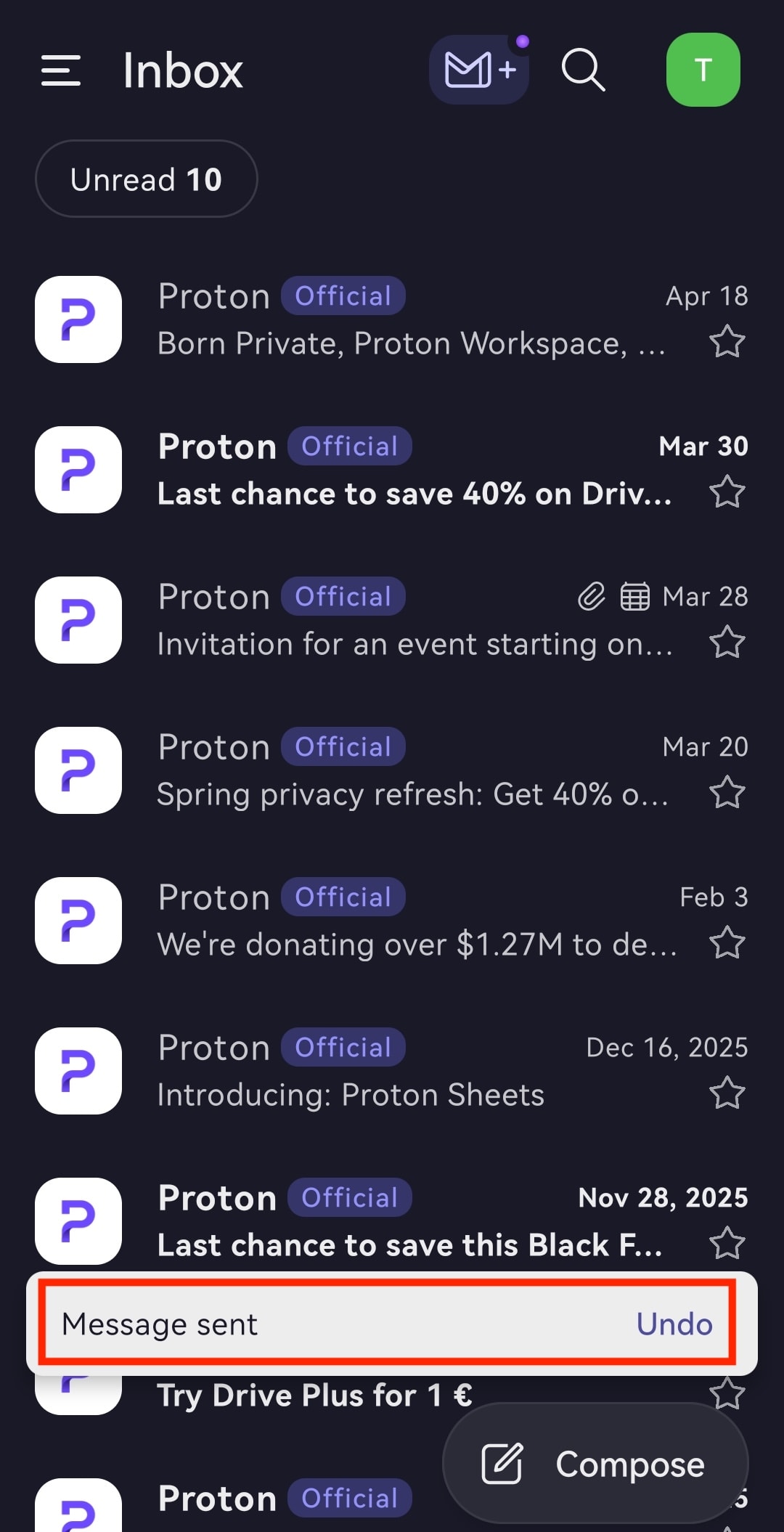 Proton Mail shows how to undo a sent email on the mobile app
