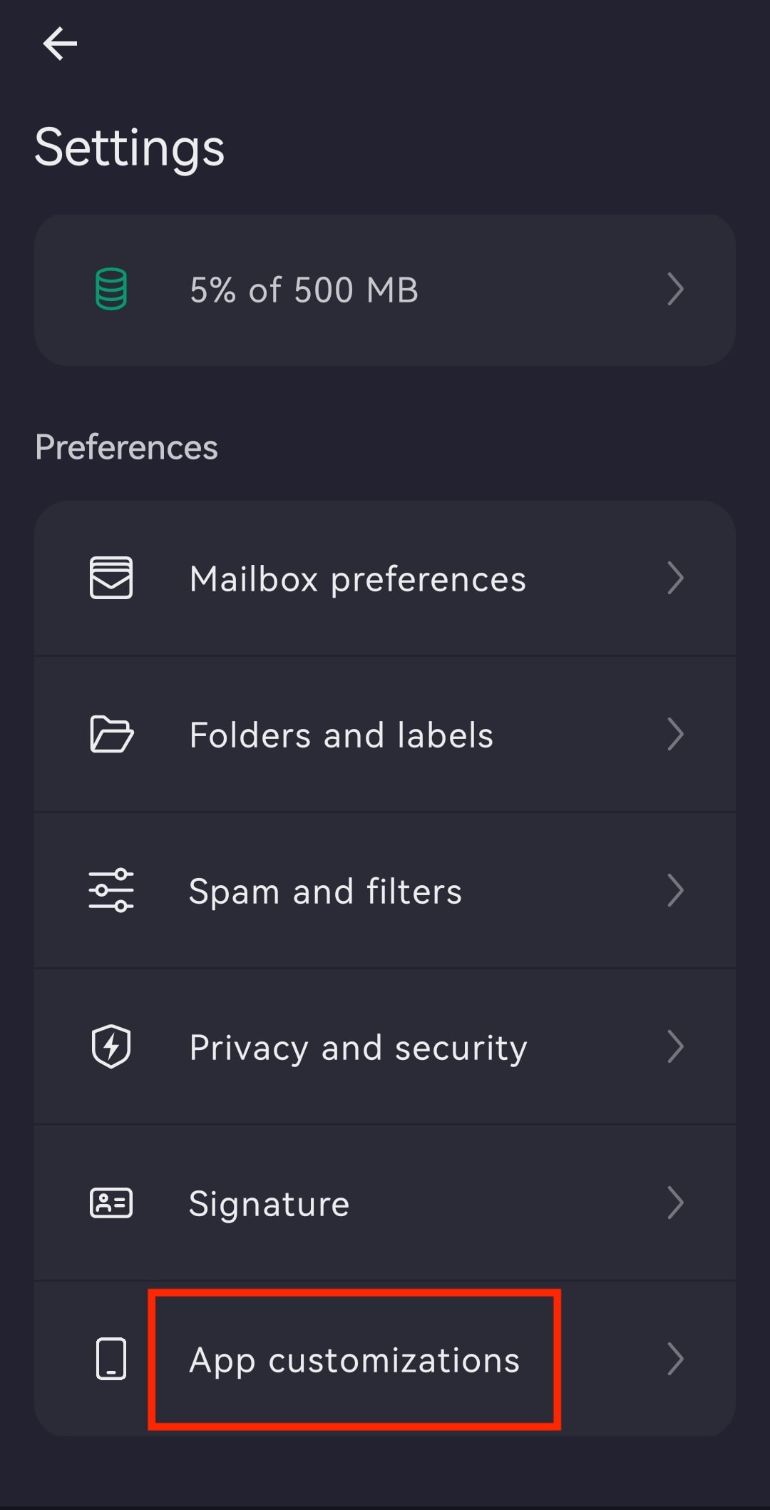 The Proton Mail Android app highlights the App customizations entry
