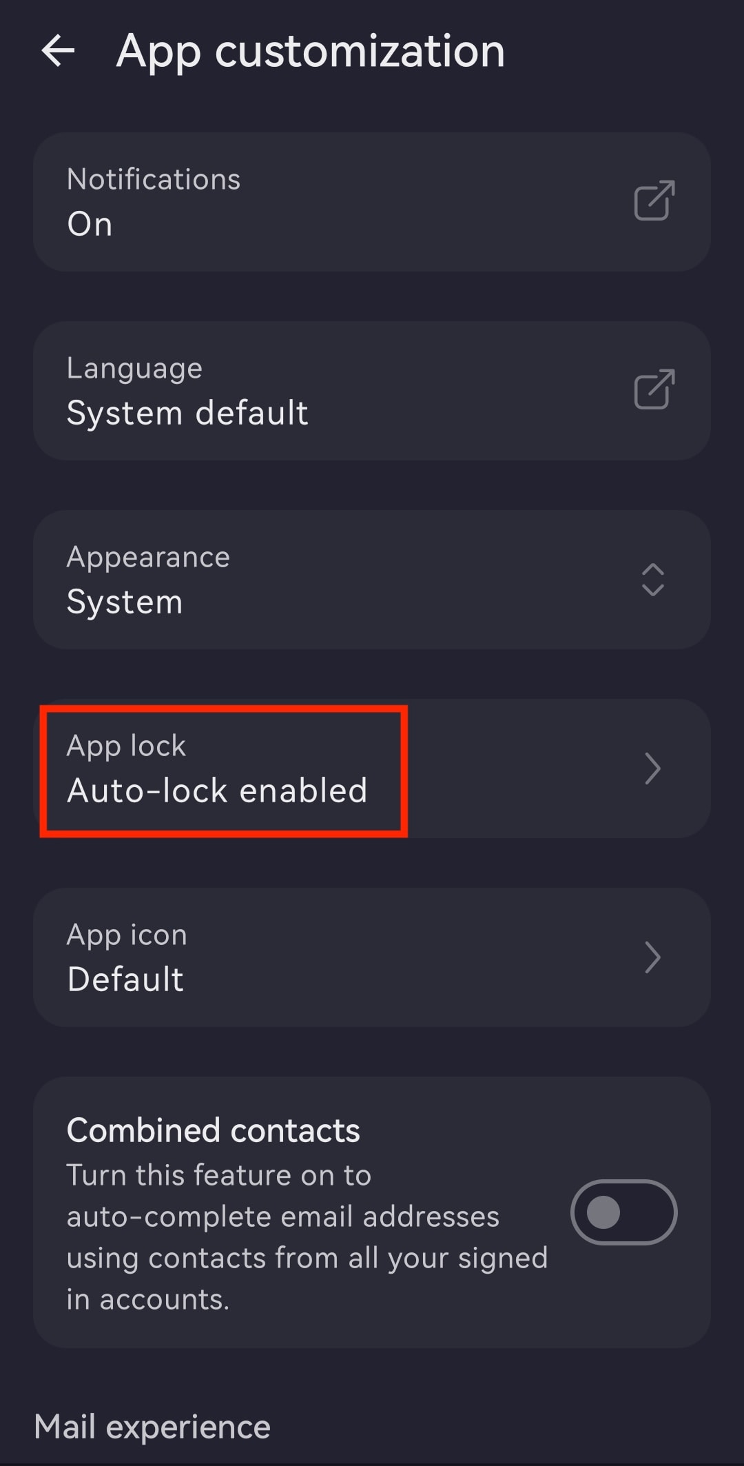The Proton Mail Android app highlights the App lock with Auto-lock enabled entry