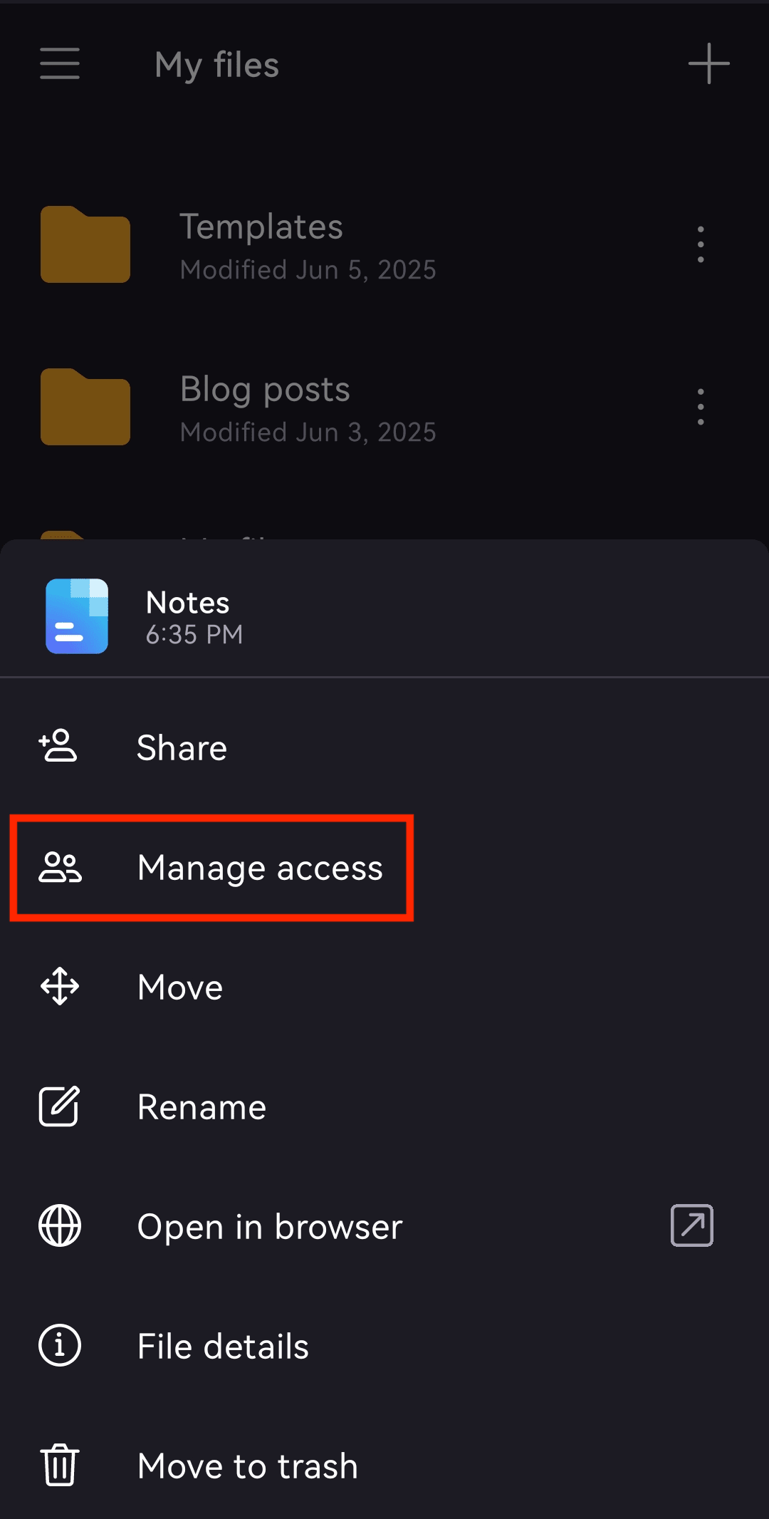 Proton Drive Android app shows the Manage access setting