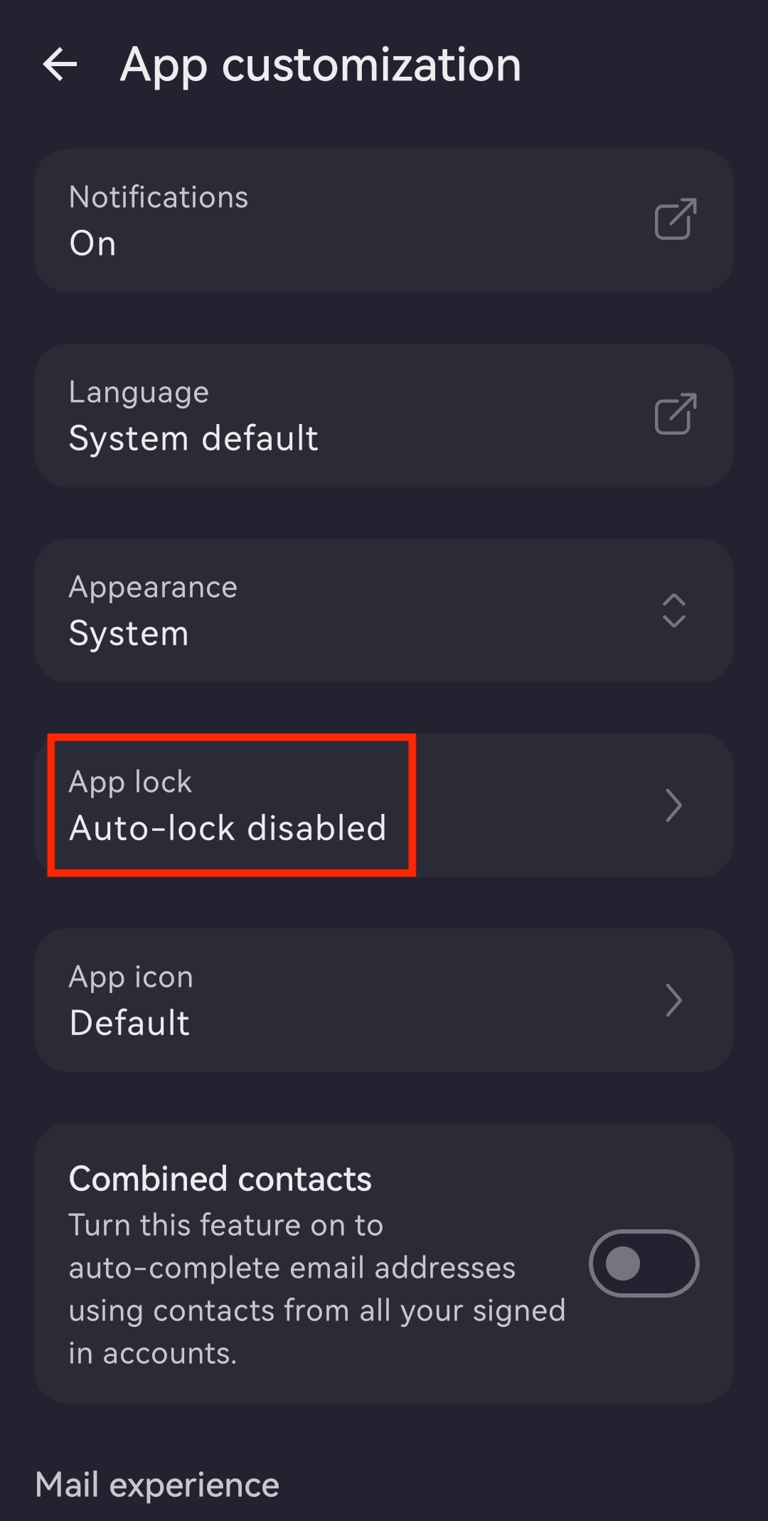 The Proton Mail Android app highlights the App lock with Auto-lock disabled entry