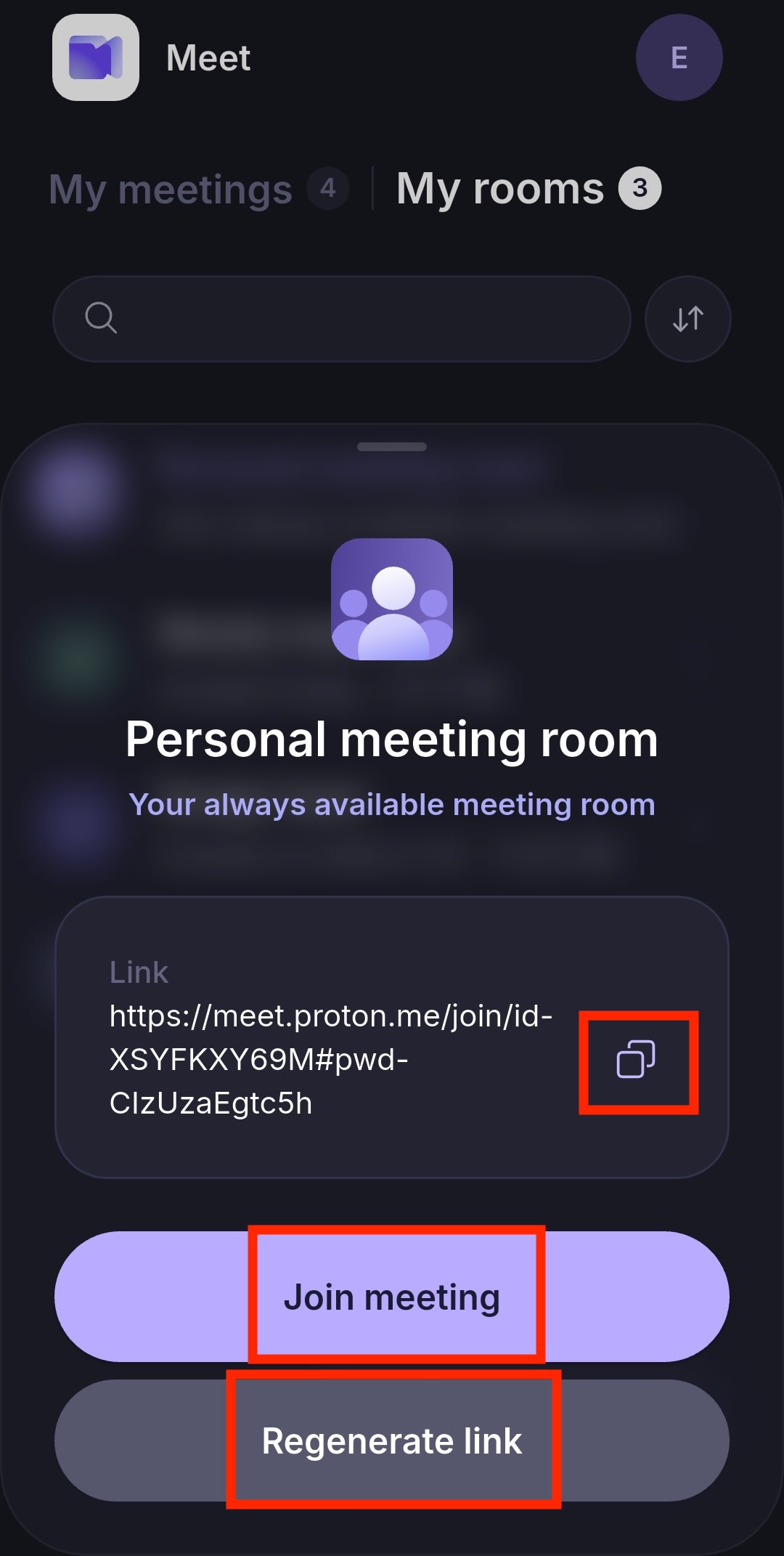 Copy and share your meeting room using the Proton Meet mobile app for Android and iOS