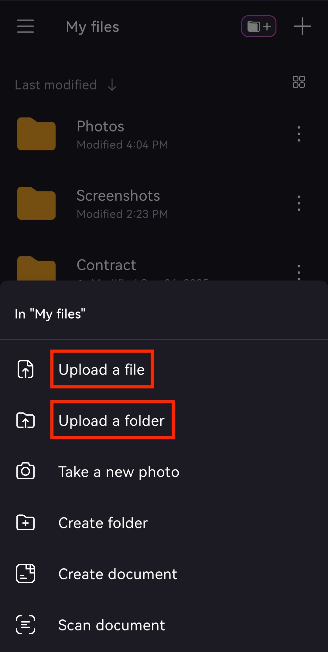 The Proton Drive Android app shows how to upload a file or folder