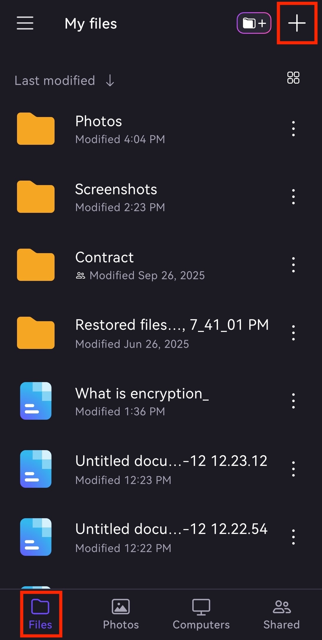 The Proton Drive Android app highlights the Files tab