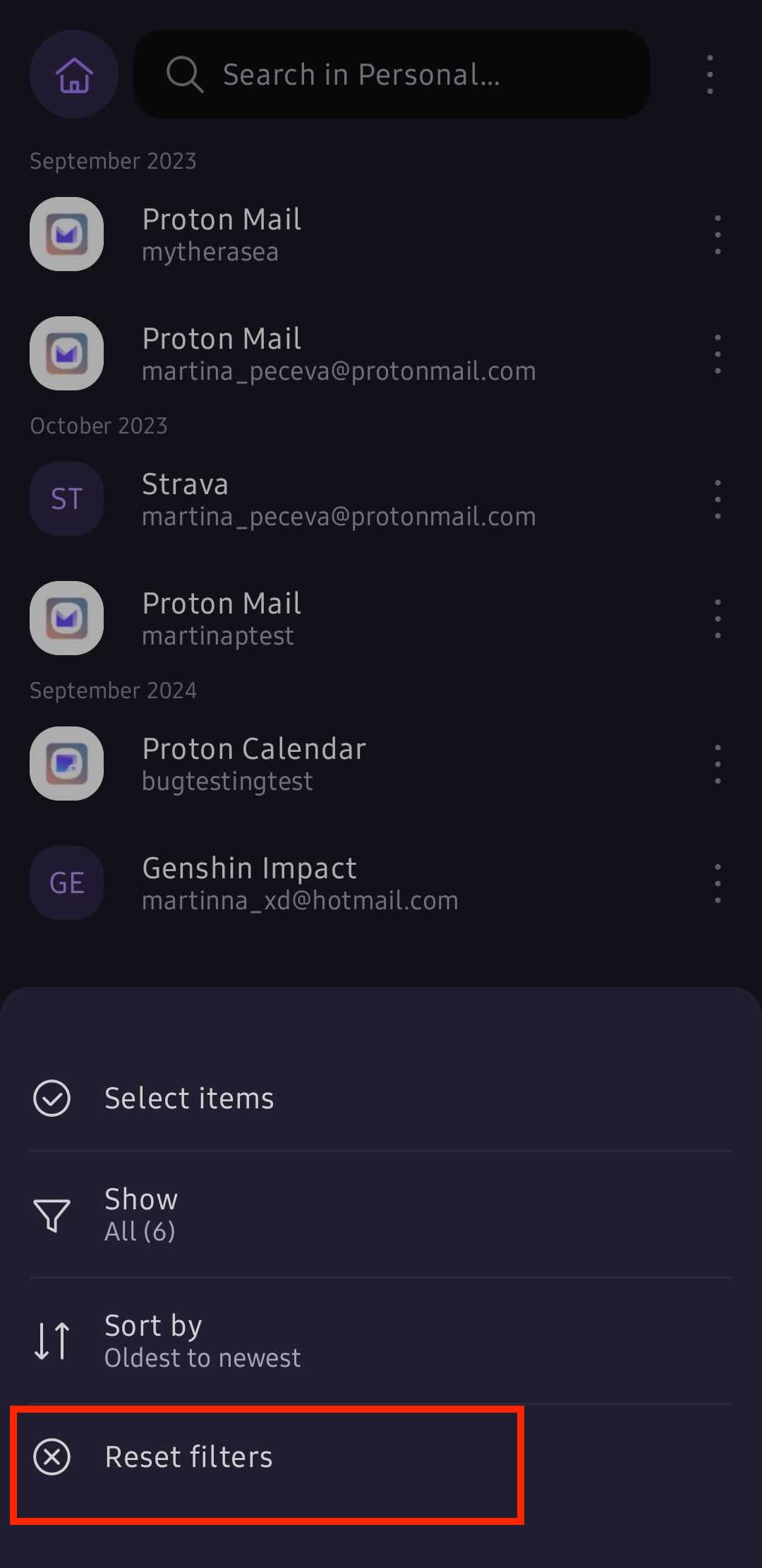 Reset filters