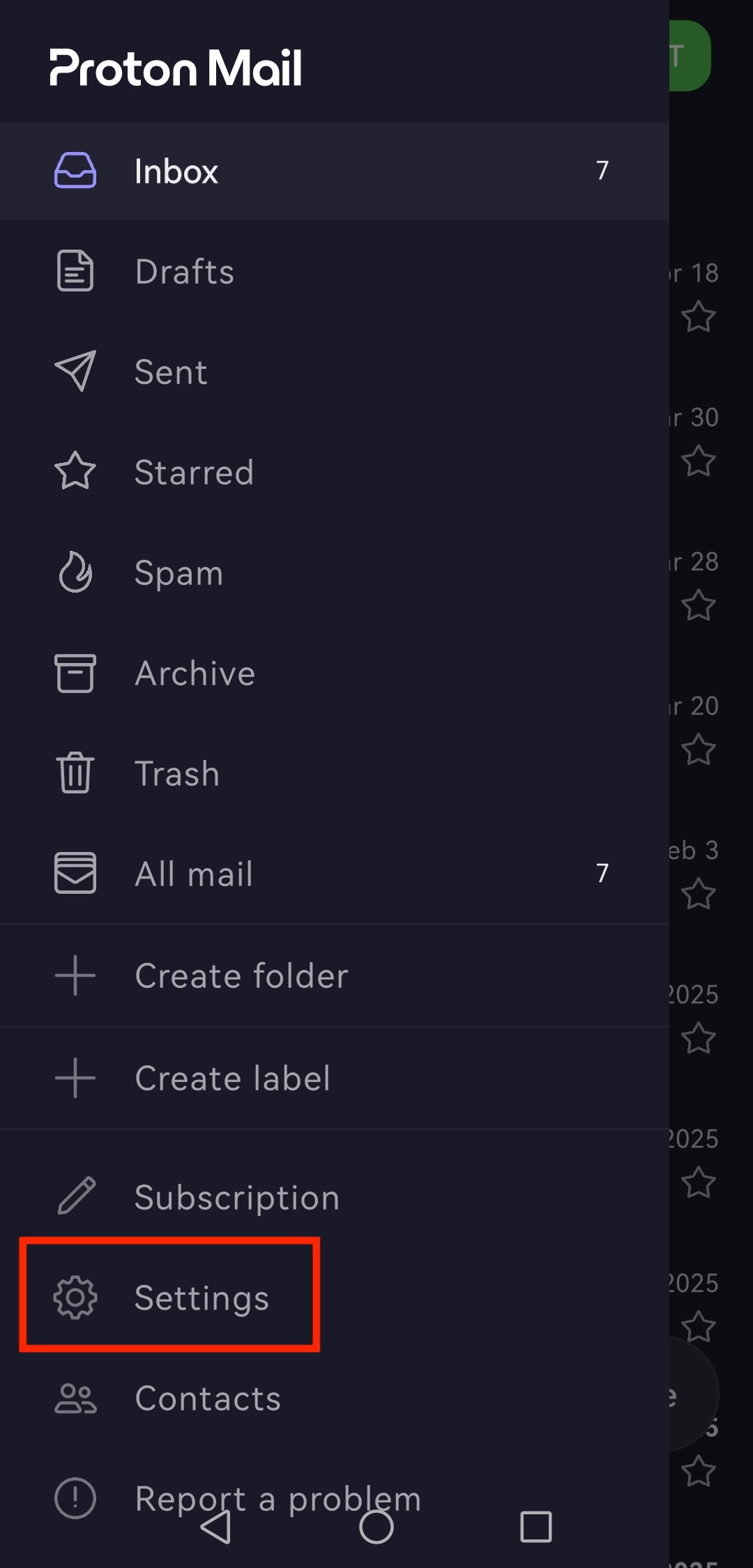 The Proton Mail Android app highlights the Settings entry