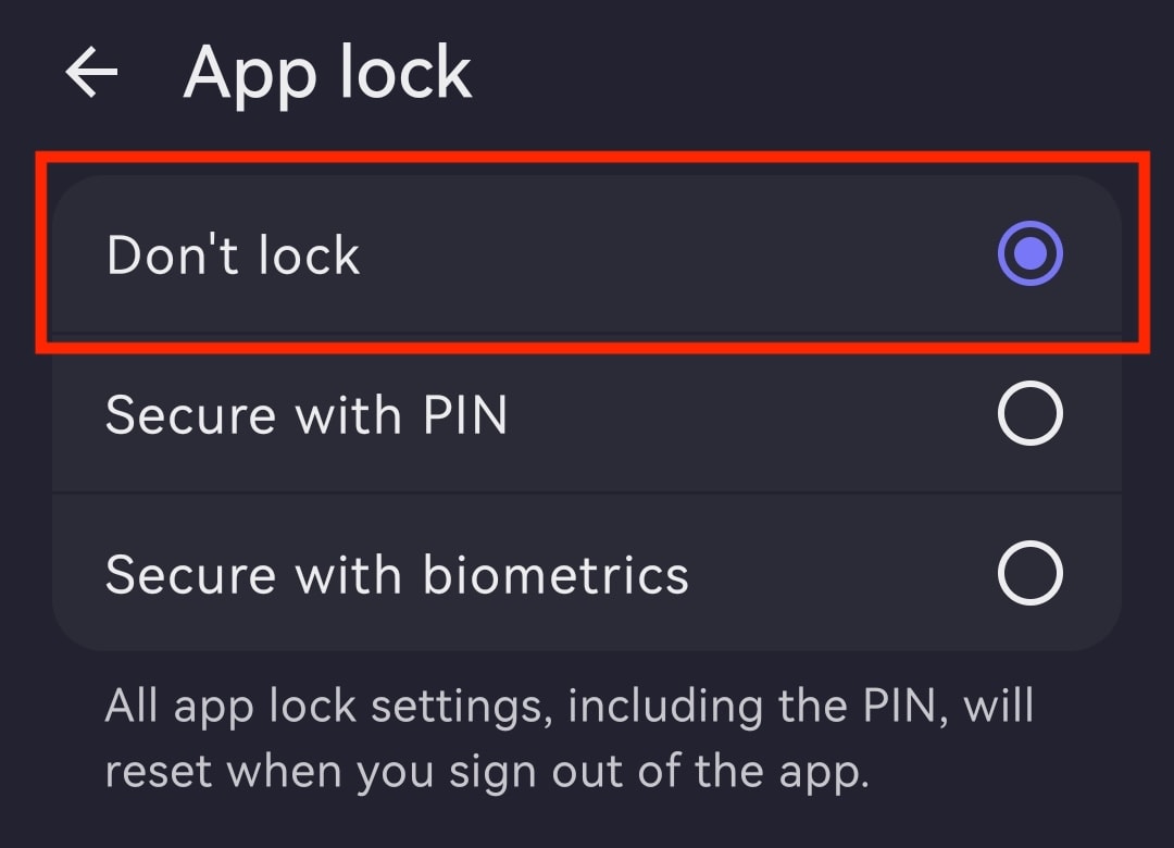The Proton Mail Android app highlights the Don't lock entry of App lock