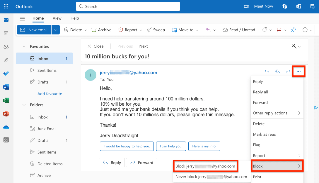 Option de blocage de l'expéditeur dans l'application web d'Outlook