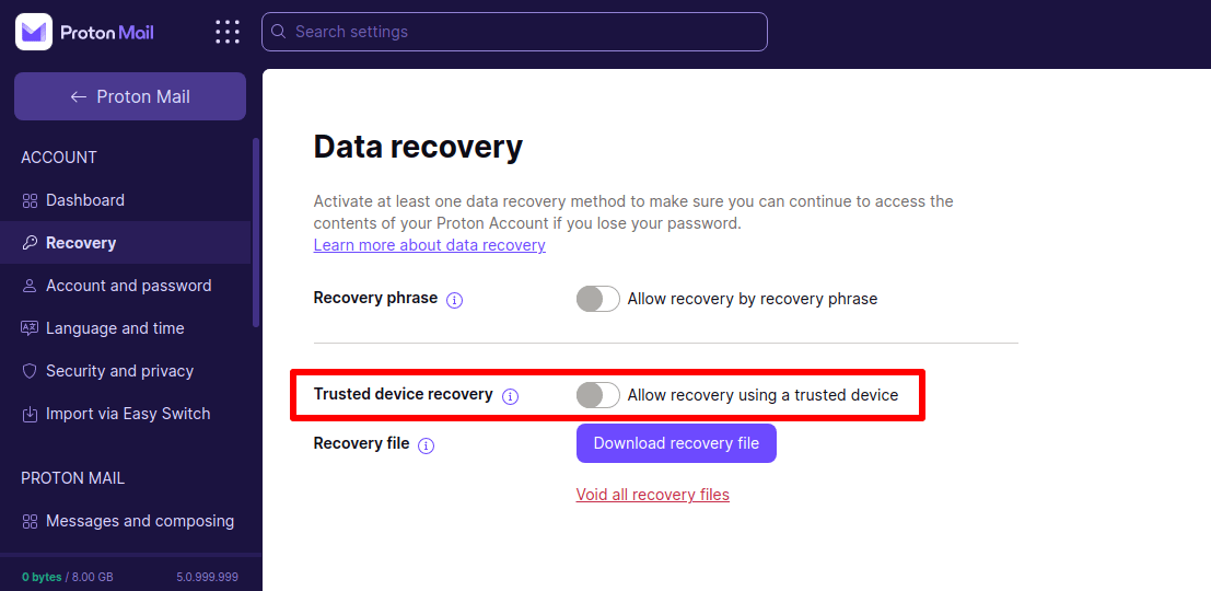 Disable device data recovery