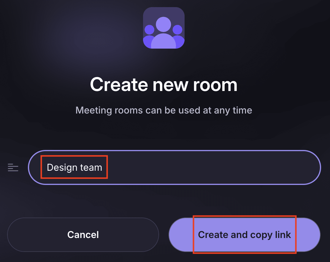 Create a new room using the Proton Meet desktop or web app