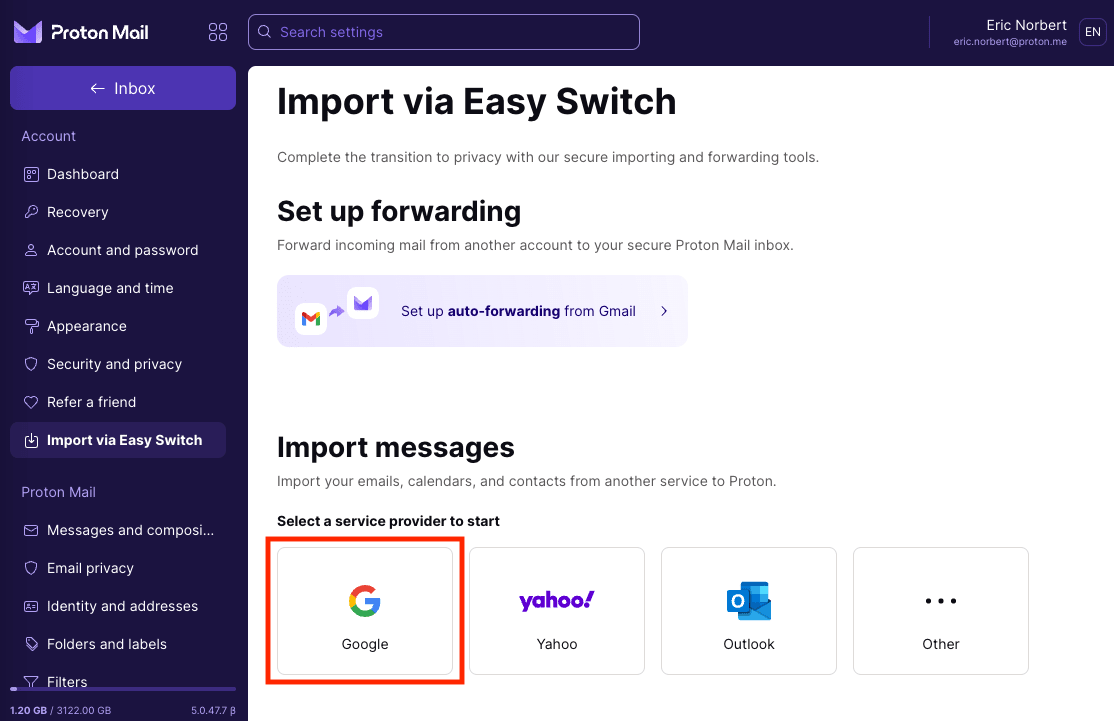 Import messages Google option