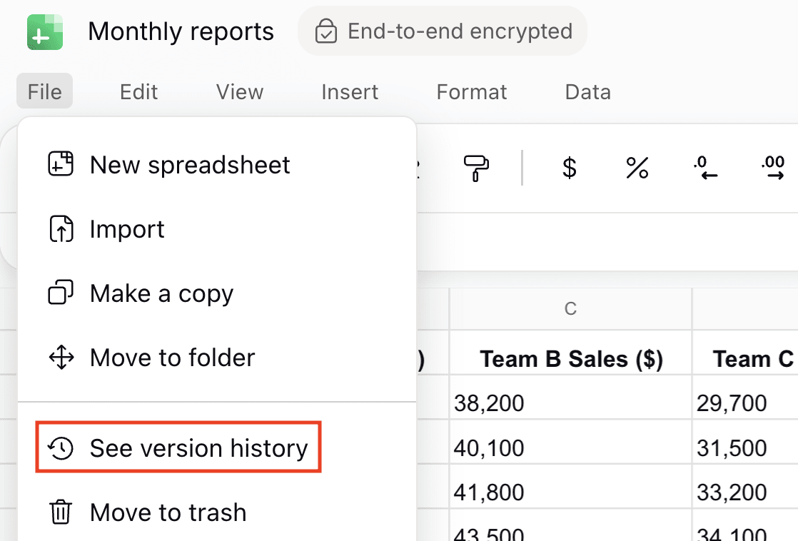 How to access version history in Proton Sheets