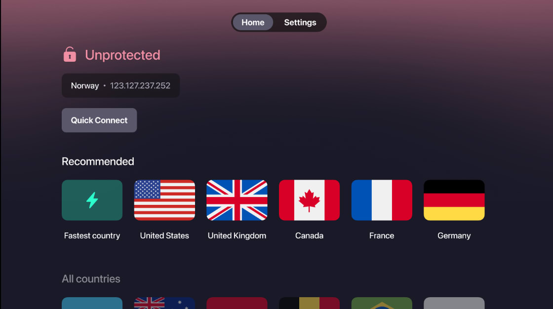 Choose the country where the servce you wish to watch is located