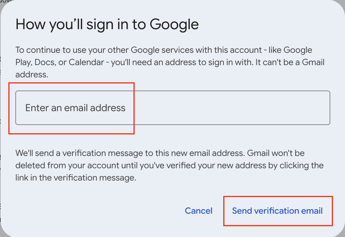 Google Account settings showing a promot for entering an alternative email address to keep signing it without Gmail