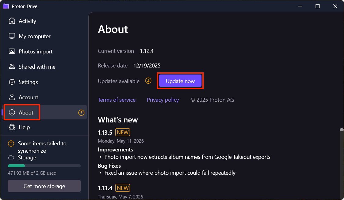 The Proton Drive Windows app shows how to update to the latest version from the About tab