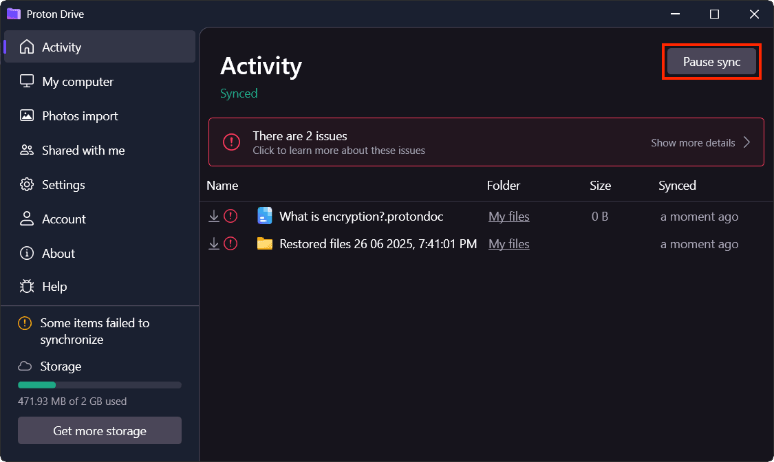 The Proton Drive Windows app shows how to pause sync